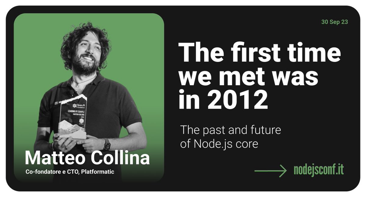 Meet our awesome speakers! Starting with <a href="/matteocollina/">Matteo Collina</a>, he's bringing his talk "The first time we met was in 2012" to NodeJSConf on September 30th. Get ready for some serious tech vibes! 🚀Have you already bought your ticket? 2023.nodejsconf.it #NodeJSConf <a href="/nodejs/">Node.js</a>