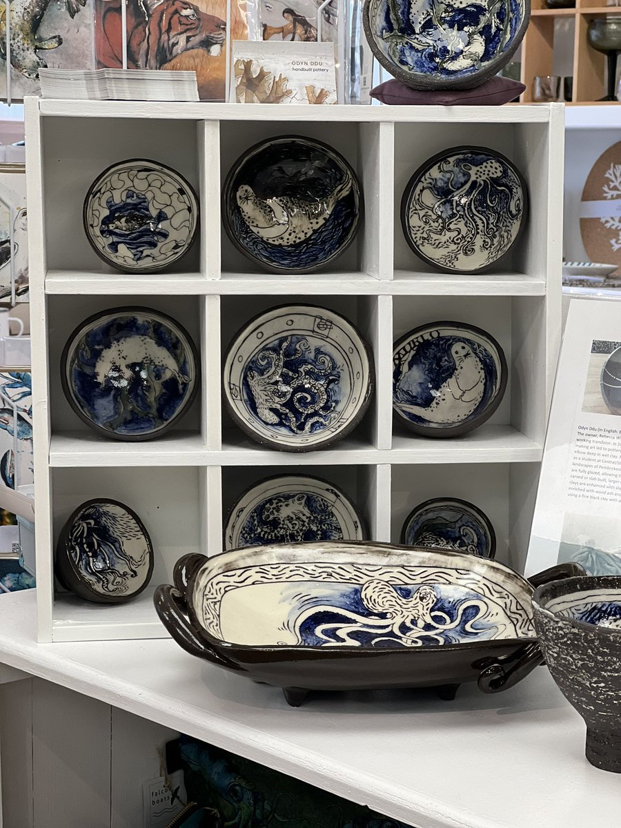 Falcon_Boats's tweet photo. Beautiful new stock in the shop by Odyn Ddu. These handmade Octopus and seal bowls are gorgeous,  each one is unique and inspired by our local environment and we are delighted to have them. #pottery #ceramics #handmade #pembrokeshire #octopus #seal #morlo https://t.co/WqHcBtMPJA
