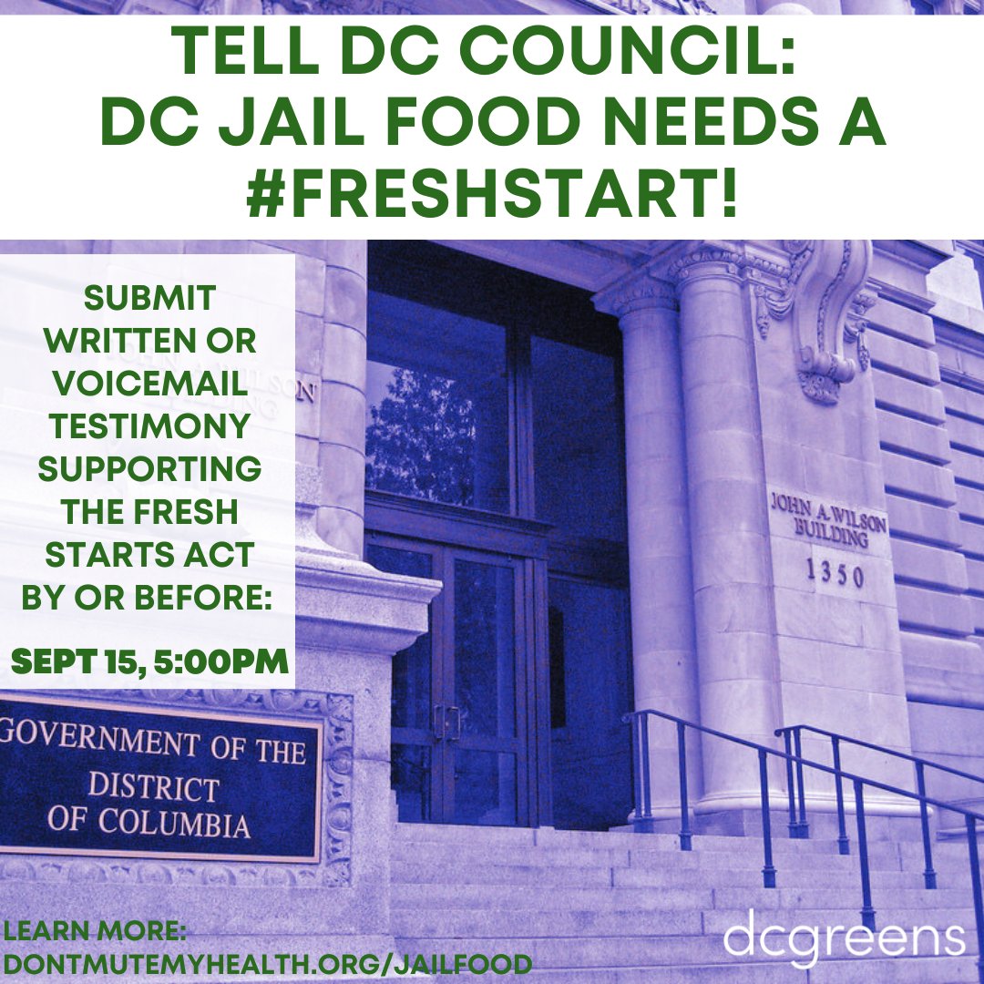 dc_greens's tweet photo. Think healthy food is a fundamental human right? There's still time to testify in support of the #FRESHSTARTS Act – until 5pm, 9/15! Submit testimony via email or voicemail and tell the DC Council that our incarcerated neighbors deserve a fresh start!
https://t.co/UAZyiFBABv https://t.co/QuOv1fMPPT