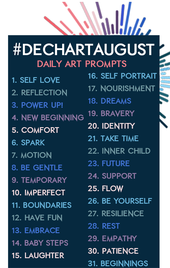 BryanDechart's tweet photo. < Retweet to Announce #DechARTAugust! >

Hey #DechartGames friends!
Feel free to use these art prompts to spark your creativity (in ANY medium) each day this month!
Tag us so we can re-share your work! https://t.co/9mvCiD6pxs