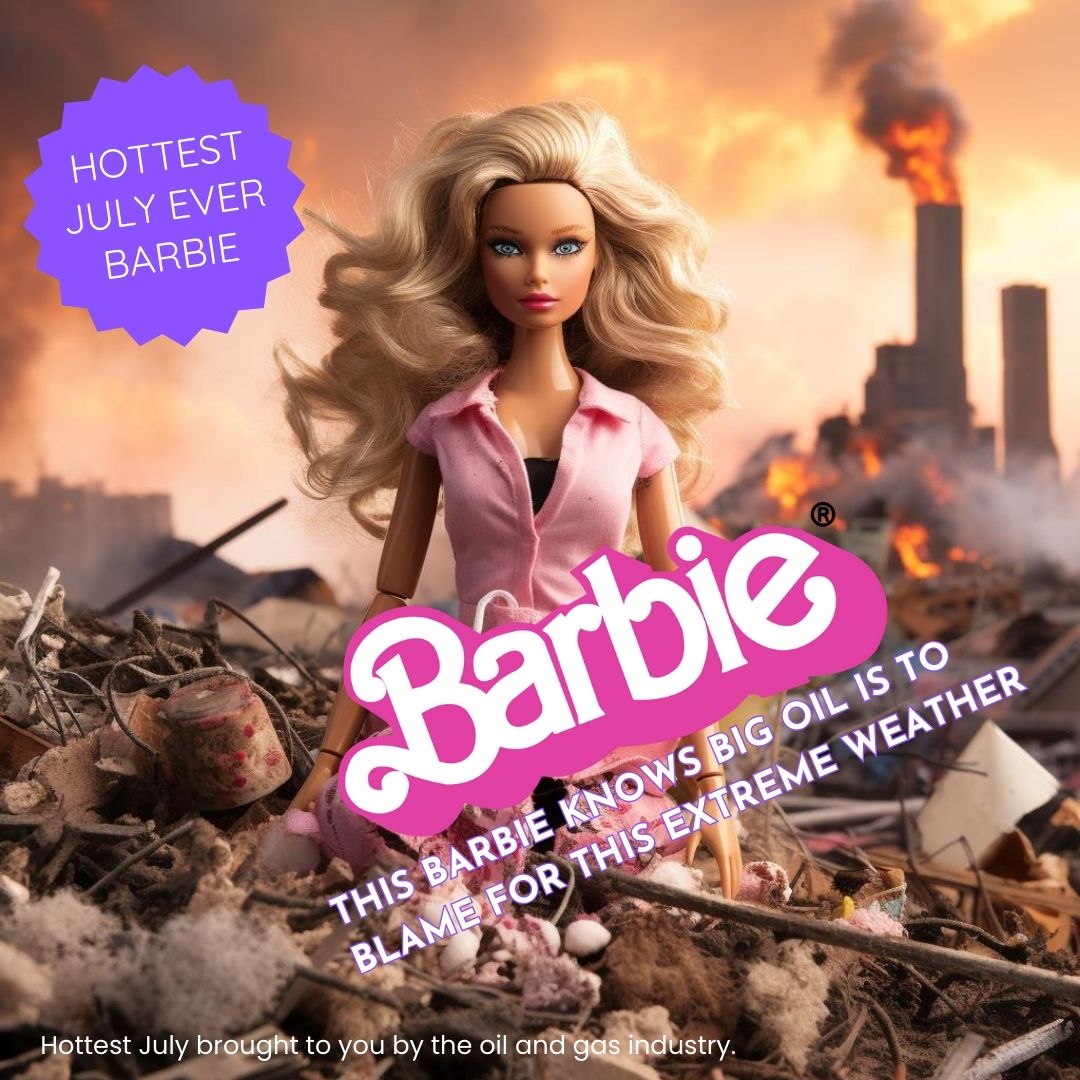 climatekeith's tweet photo. Barbie knows what the @PathwaysNetZero Alliance is up to — lobbying to block the emissions cap so Canadian oil and gas companies can keep killing the climate & destroying the homes & lives of people in Canada. #CapPolluters https://t.co/g0I8wS3C45