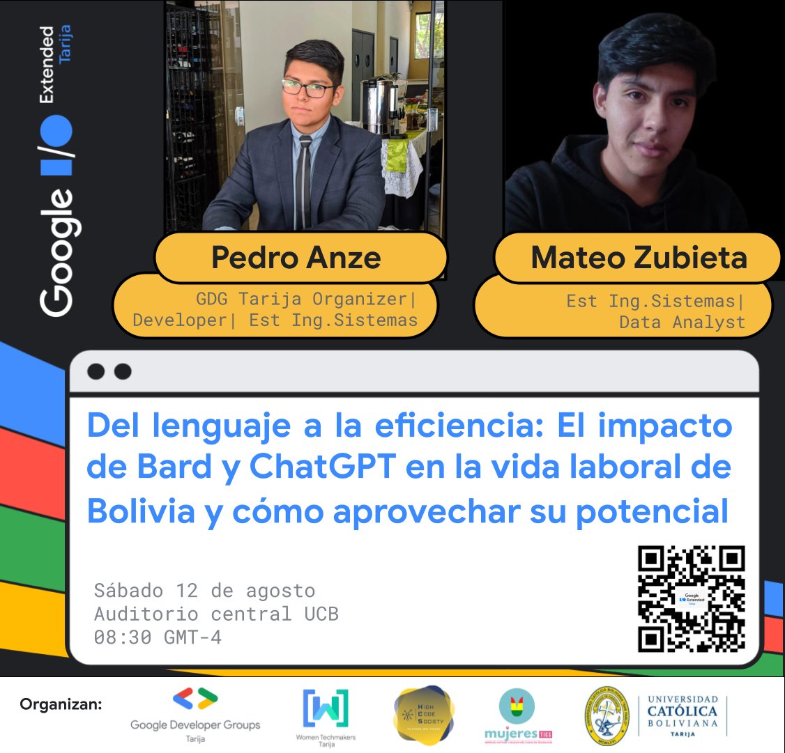 gdgtarija's tweet photo. 🥁🥁Contando los días para el evento les presentamos a nuestros speakers Pedro Anze y Mateo Zubieta!🥳🥳🥳

¡Que no te lo cuenten! ¡Regístrate y participa!🙌🎉
📌https://t.co/kyosijCIkK

#googleio2023 #gdgtarija #gdg #wtm #wtmtarija #cloud #ai https://t.co/bd2kPk97Z0