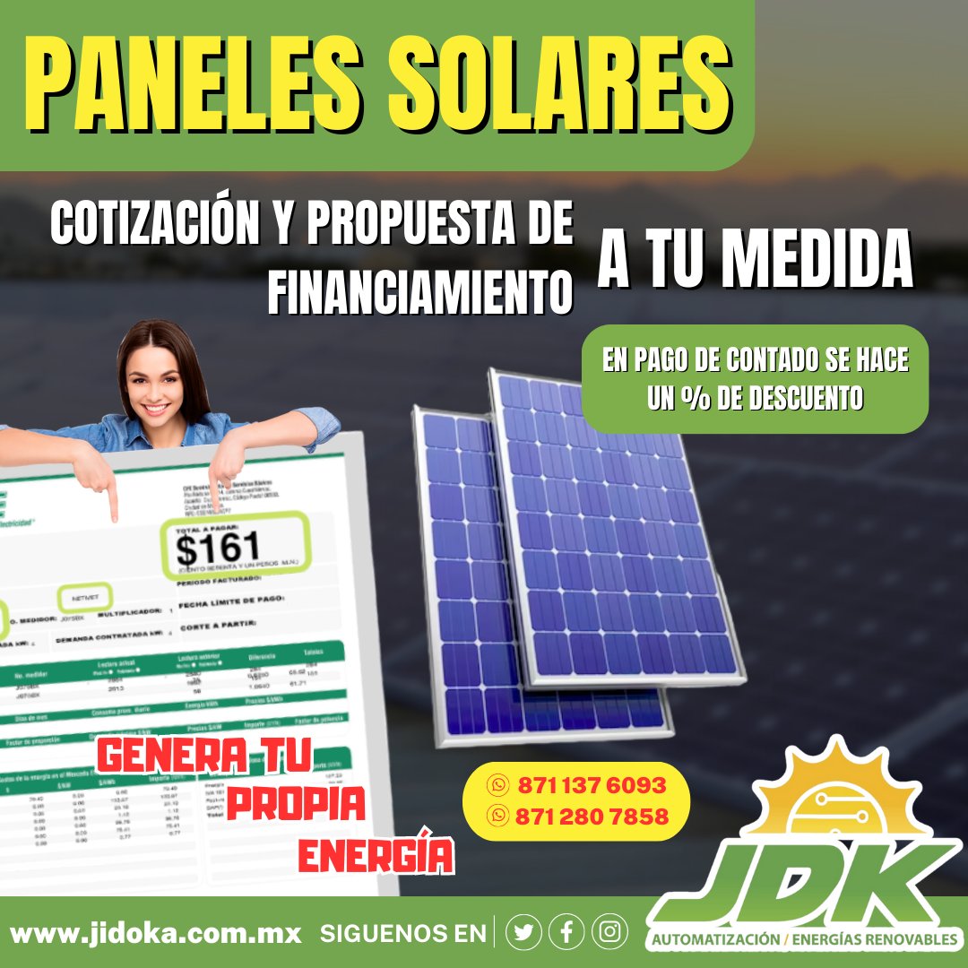 JIDOKA3's tweet photo. Invierte en #Paneles #Solares para tu hogar o negocio, con tu recibo de luz analizamos el consumo y cotizamos el #Kit que mas se acomode a tu necesidad, ademas, hacemos propuestas de financiamiento a tu medida‼

COTIZA 📲 𝟖𝟕𝟏 𝟐𝟖𝟎 𝟕𝟖𝟓𝟖 / 𝟖𝟕𝟏 𝟏𝟑𝟕 𝟔𝟎𝟗𝟑 https://t.co/MBcbLCOMyJ
