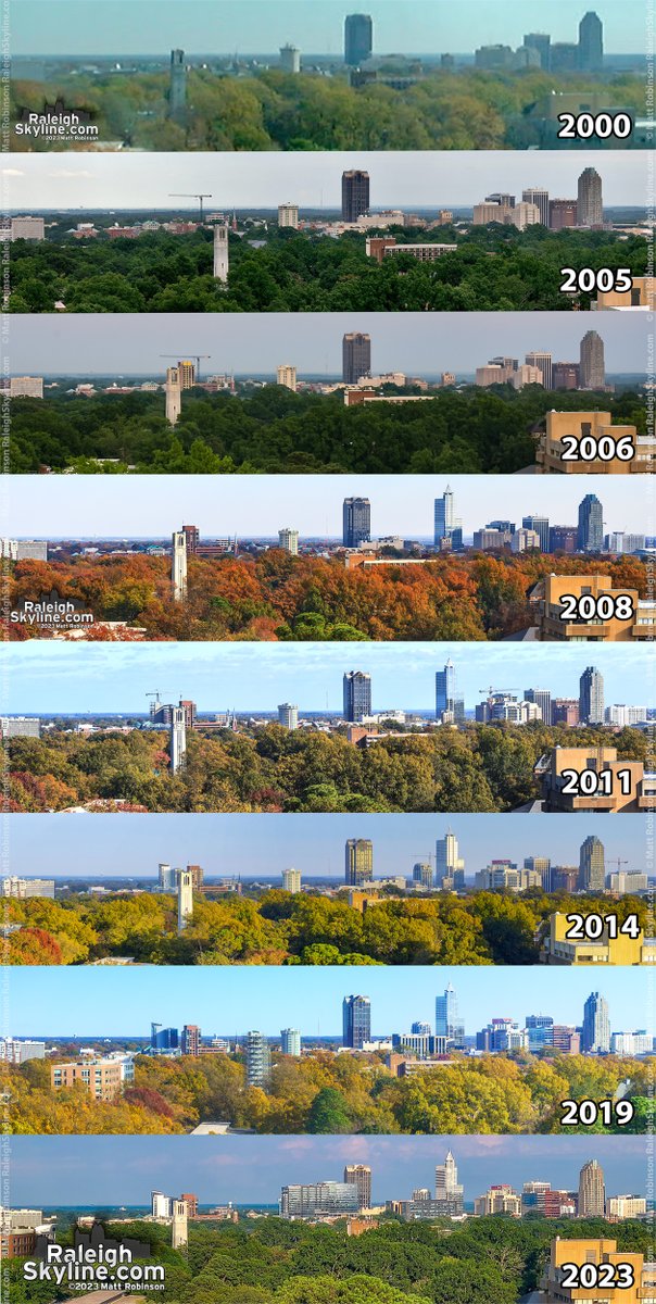 Photographs spanning 23 years looking at downtown Raleigh as seen from DH Hill Library at NC State University.