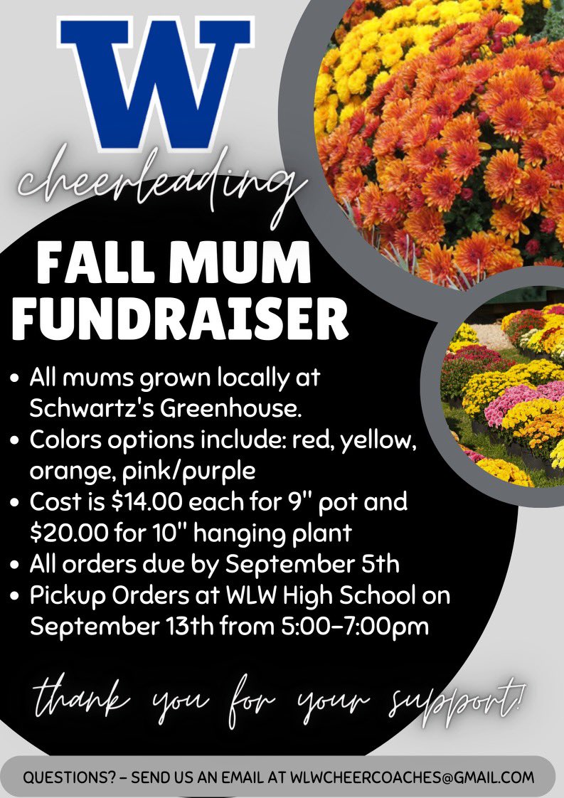 WLW Cheer (@wlwcheer) on Twitter photo Hey western fans! Are you ready for fall? Buy your mums from the cheer program! We can arrange drop offs or pick ups are at WLW on September 15th!Don’t miss out! Contact a cheerleader or email us to order NOW.—deadline is September 5th! <a href="/WalledLkSchools/">Walled Lake Schools</a> <a href="/WLWWARRIORS/">Walled Lake Western</a> <a href="/WLWestern_FB/">WLW Football</a> Hey western fans! Are you ready for fall? Buy your mums from the cheer program! We can arrange drop offs or pick ups are at WLW on September 15th!Don’t miss out! Contact a cheerleader or email us to order NOW.—deadline is September 5th! <a href="/WalledLkSchools/">Walled Lake Schools</a> <a href="/WLWWARRIORS/">Walled Lake Western</a> <a href="/WLWestern_FB/">WLW Football</a>