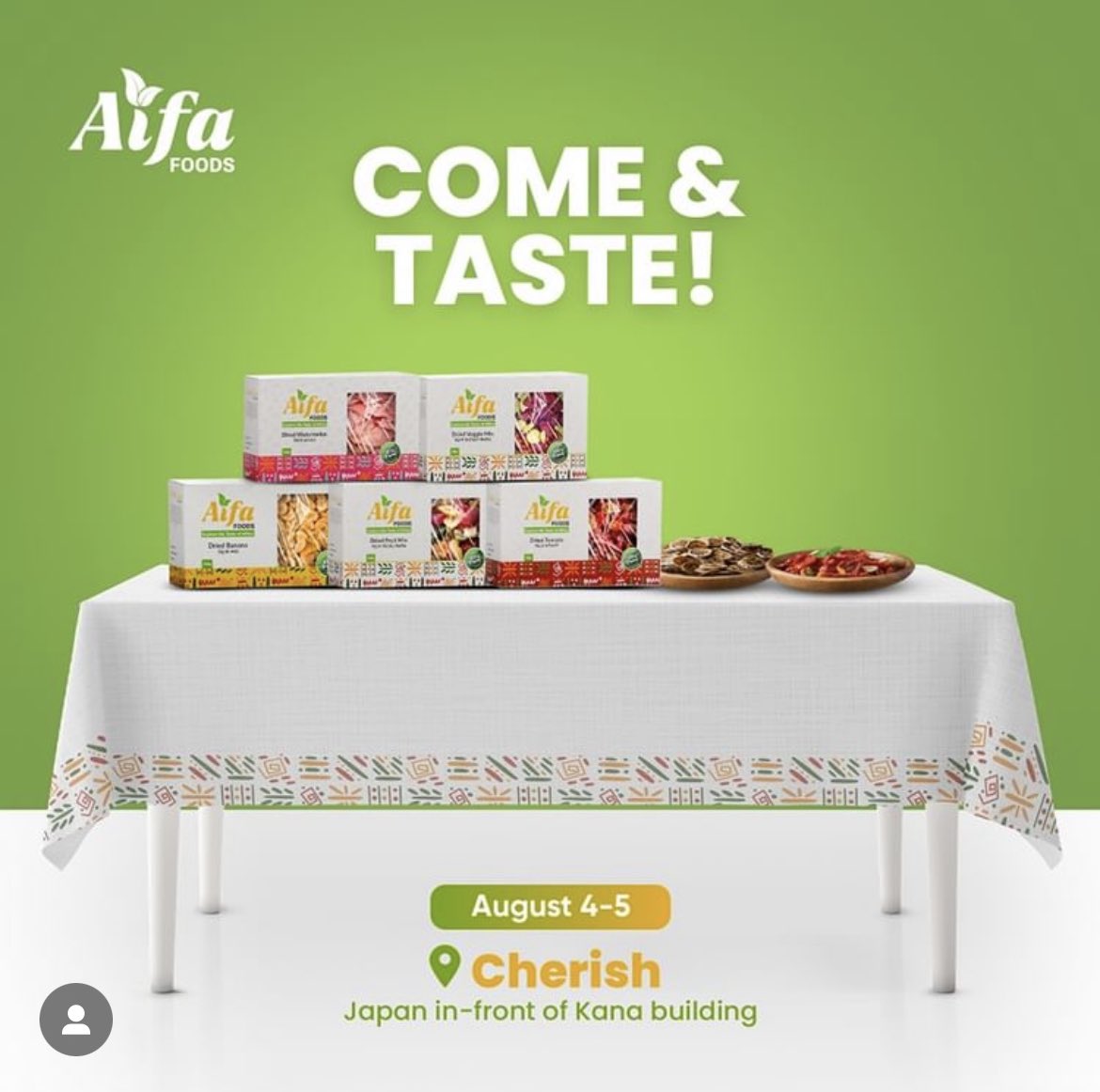 aifafoods's tweet photo. Come and cherish our dried fruits and vegetables! Join our tasting event @CherishAddis on the coming Friday and Saturday (August 4&amp;5) and explore the delightful tastes of our dried products!
@SaraYirga

#organicmagic #aifasnacks #aifafoods #savornaturesflavors #healthyeating https://t.co/pTAbDJzQCS
