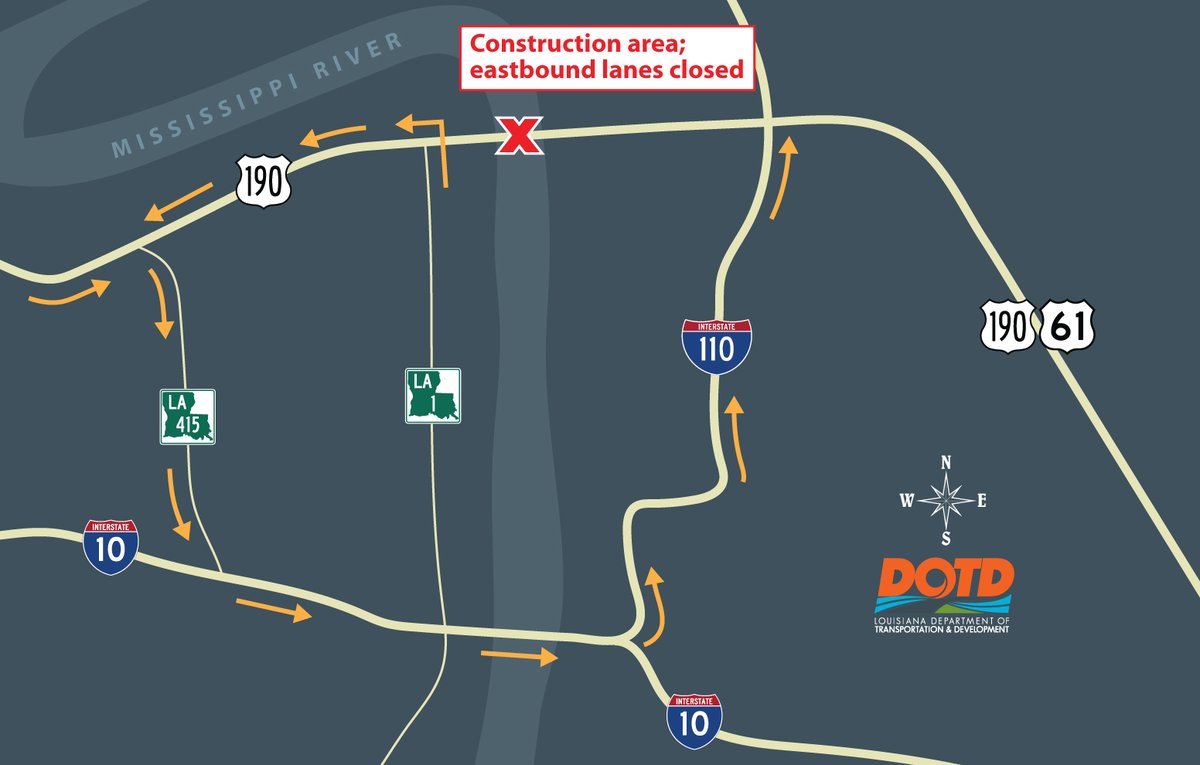BR_Traffic's tweet image. Saturday, August 5th from 7:00 AM to 5:00 PM and Sunday, August 6th from 7:00 AM – 5:00 PM US 190 East will be closed at LA 415 due to roadwork. Motorists are advised to use an alternate route. Check 511la.org for more information.