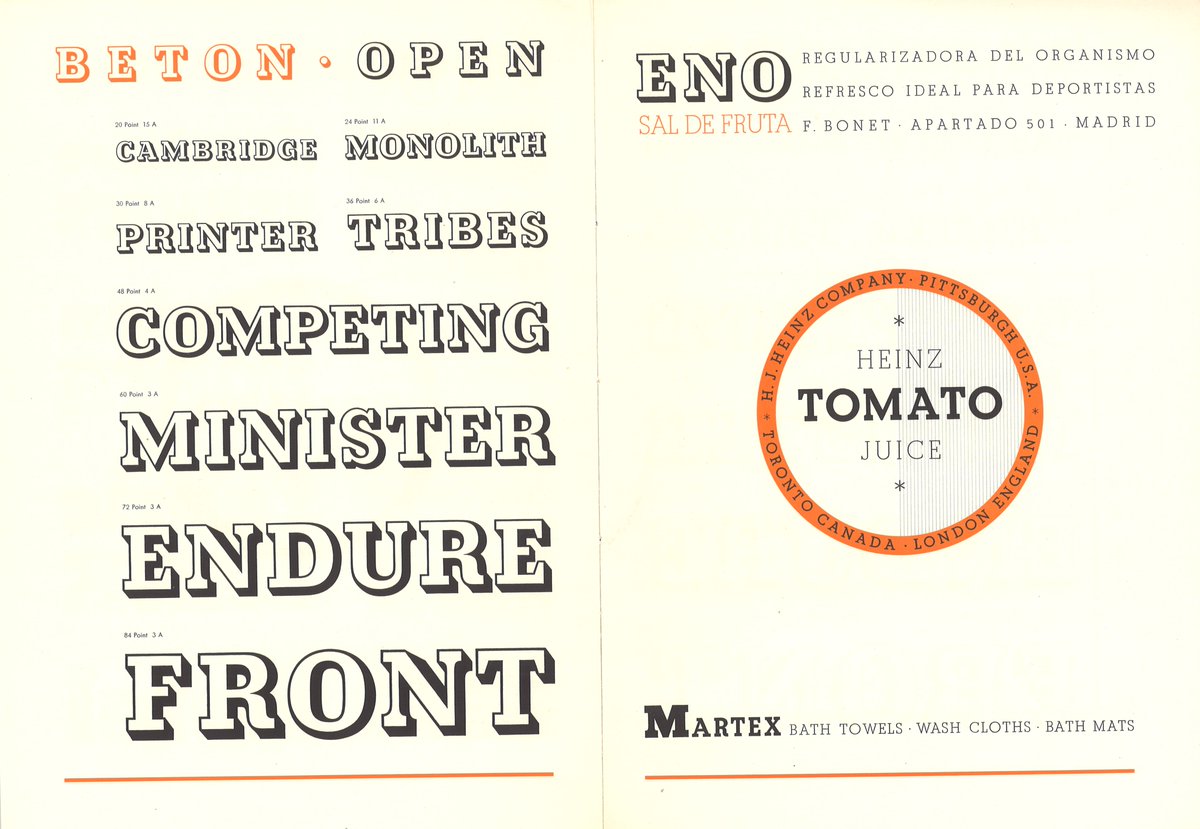 stbridefdn's tweet photo. Specimen for the Beton typeface family by Bauer Type Foundry. Released 1930-1937.
#typespecimen #typedesign #typography #designhistory #graphicdesign #1930sdesign #printhistory #letterpress #library #heritage https://t.co/4vgFTa5Ey7