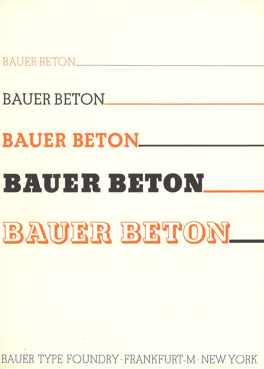 stbridefdn's tweet photo. Specimen for the Beton typeface family by Bauer Type Foundry. Released 1930-1937.
#typespecimen #typedesign #typography #designhistory #graphicdesign #1930sdesign #printhistory #letterpress #library #heritage https://t.co/4vgFTa5Ey7