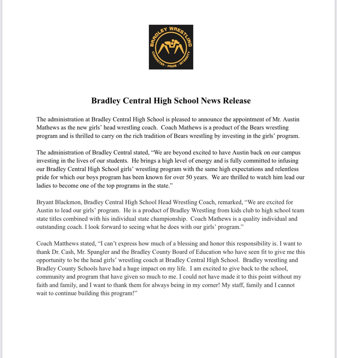 ***BIG NEWS!!!***

Please join us in congratulating Austin Mathews on his appointment as the new head girls’ wrestling coach for Bradley Central High School!!

<a href="/BradleySchools/">Bradley Co. Schools</a> <a href="/BC_WrestlingTN/">Bradley Wrestling</a> <a href="/lfmsbruins/">Lake Forest Middle</a> <a href="/LFMS_Wrestling/">Lake Forest Wrestling</a>