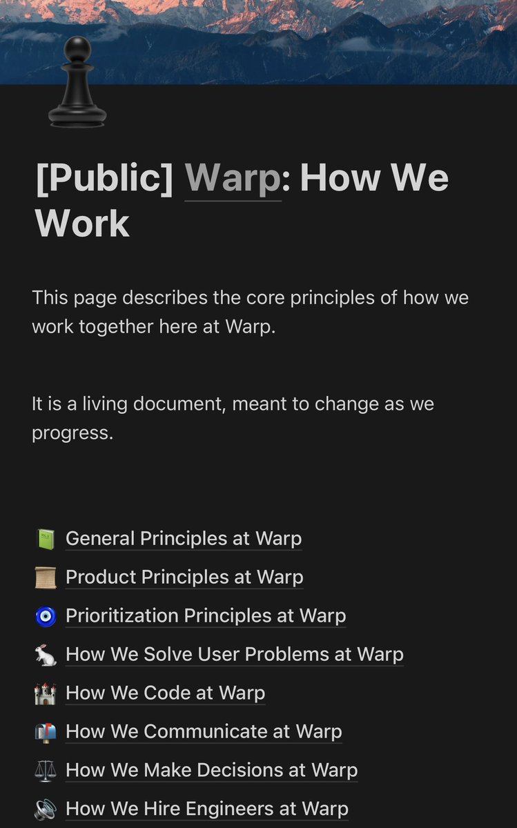 ‘<a href="/warpdotdev/">Warp</a> is a beloved company that just announced their $50m series b lead by sequoia last month 

Their public “How We Work” doc is the best I’ve seen and has everything from how they communicate, solve user problems, make decisions, etc

There are some GEMS