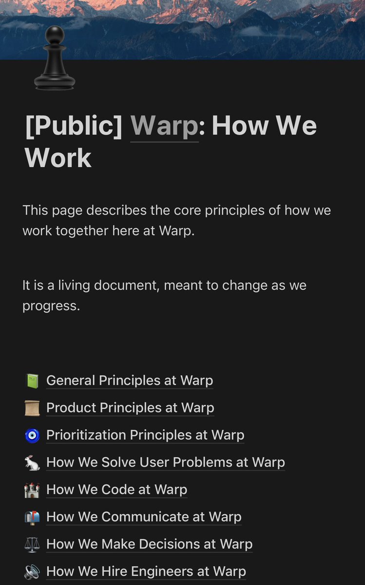 ‘@warpdotdev is a beloved company that just announced their $50m series b lead by sequoia last month Their public “How We Work” doc is the best I’ve seen and has everything from how they communicate, solve user problems, make decisions, etc There are some GEMS
