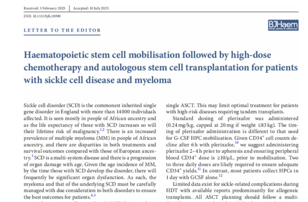 BrJHaem's tweet photo. Haematopoietic stem cell mobilisation followed by high-dose chemotherapy and autologous stem cell transplantation for patients with sickle cell disease and myeloma 
https://t.co/Q6v0vKd1sn 
#mmsm https://t.co/vyNmeR5gHx