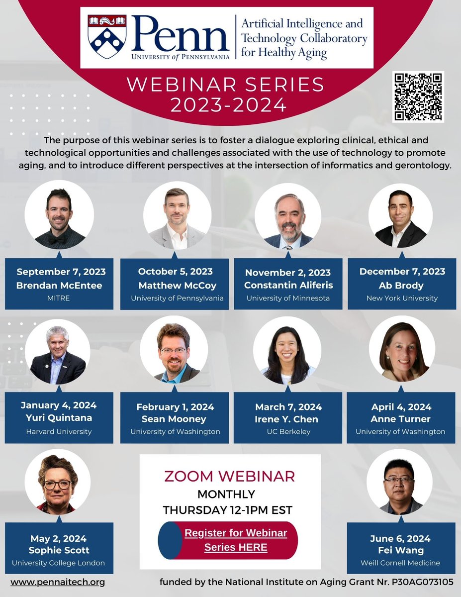 PennAITech (@pennaitech) on Twitter photo Excited to launch our 2023-24 Webinar series featuring international experts incl. Brendan McEntee, <a href="/matthew_s_mccoy/">Matthew McCoy</a>, Constantin Aliferis, @abbrody, <a href="/yuriquintana/">Yuri Quintana, PhD, FACMI</a>, <a href="/SeanDMooney/">Sean Mooney</a>, <a href="/irenetrampoline/">Irene Chen</a>, Anne Turner, <a href="/sophiescott/">Prof Sophie Scott CBE</a>, and <a href="/feiwang03/">Fei Wang</a>.
To register:
upenn.zoom.us/webinar/regist… Excited to launch our 2023-24 Webinar series featuring international experts incl. Brendan McEntee, <a href="/matthew_s_mccoy/">Matthew McCoy</a>, Constantin Aliferis, @abbrody, <a href="/yuriquintana/">Yuri Quintana, PhD, FACMI</a>, <a href="/SeanDMooney/">Sean Mooney</a>, <a href="/irenetrampoline/">Irene Chen</a>, Anne Turner, <a href="/sophiescott/">Prof Sophie Scott CBE</a>, and <a href="/feiwang03/">Fei Wang</a>.
To register:
upenn.zoom.us/webinar/regist…