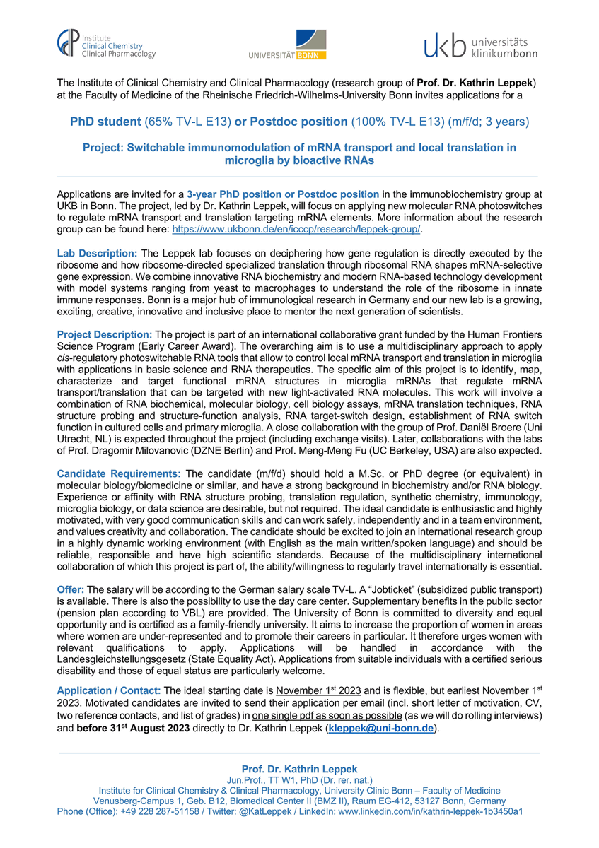 📢 Job Alert 📢

There is a <a href="/HFSP/">HFSP</a>-funded #PhD/#Postdoc position available in our lab! Work with a cool team on a collaborative project on #RNA #translation #microglia #immunology #RNAtherapeutics.

Please see the ad for more info and get in touch: kleppek@uni-bonn.de. Please RT!