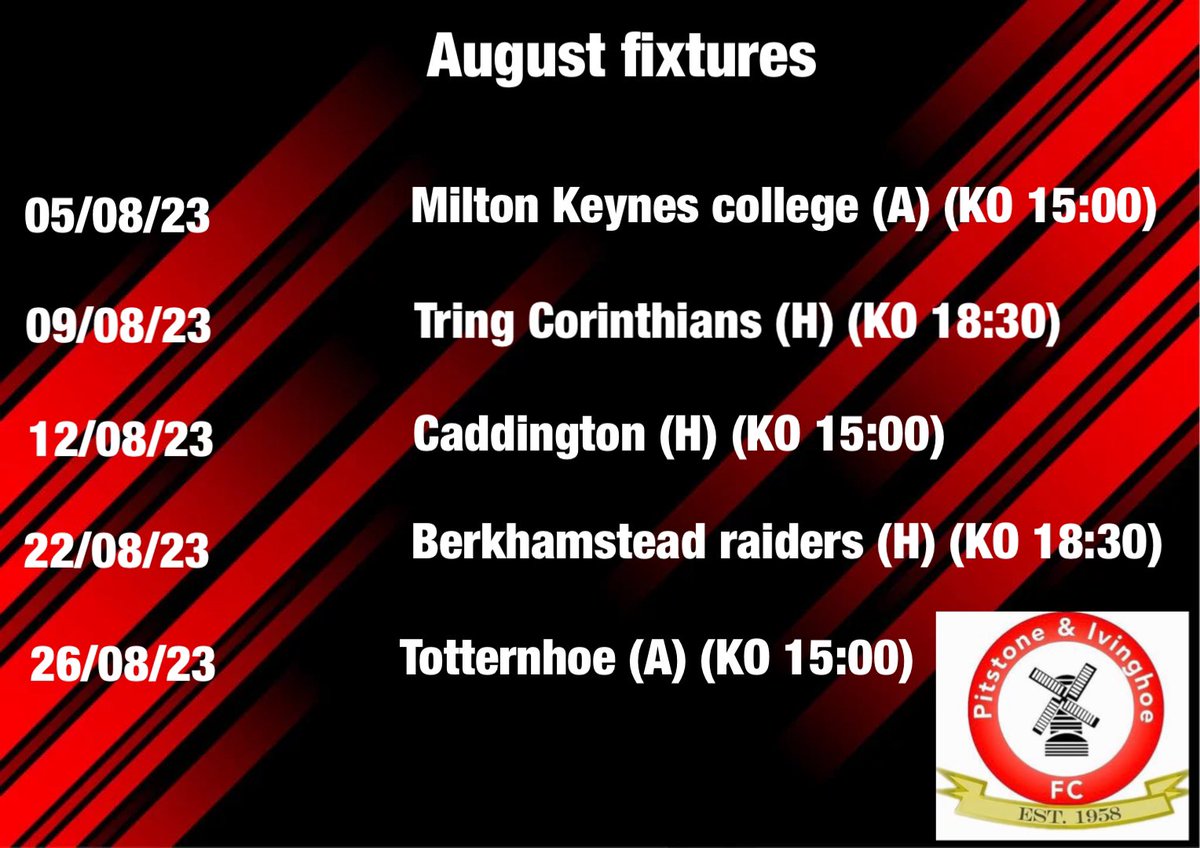 AUGUST FIXTURES🔴⚫️ Get down and support us ⚽️ Pitstone Pavilion LU7 9AP