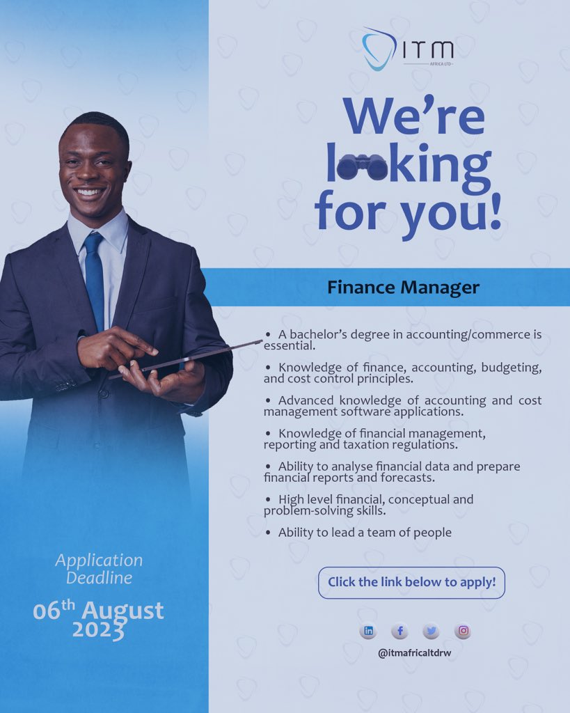 🆕JOB OPPORTUNITY
WE ARE LOOKING FOR:

Position: Finance Manager 

Industry: ENERGY 

APPLY HERE:

docs.google.com/forms/d/1957i2…

#WereITM #Recruitment #HR #Job #jobinrwanda #jobsforyou #itmrecruits #jobsforyou #RwOT