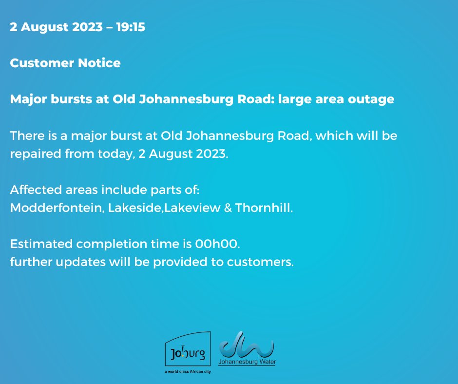 JHBWater's tweet photo. #JoburgUpdates 
Major bursts at Old Johannesburg Road: large area outage. ^X https://t.co/x8IOBv30s5