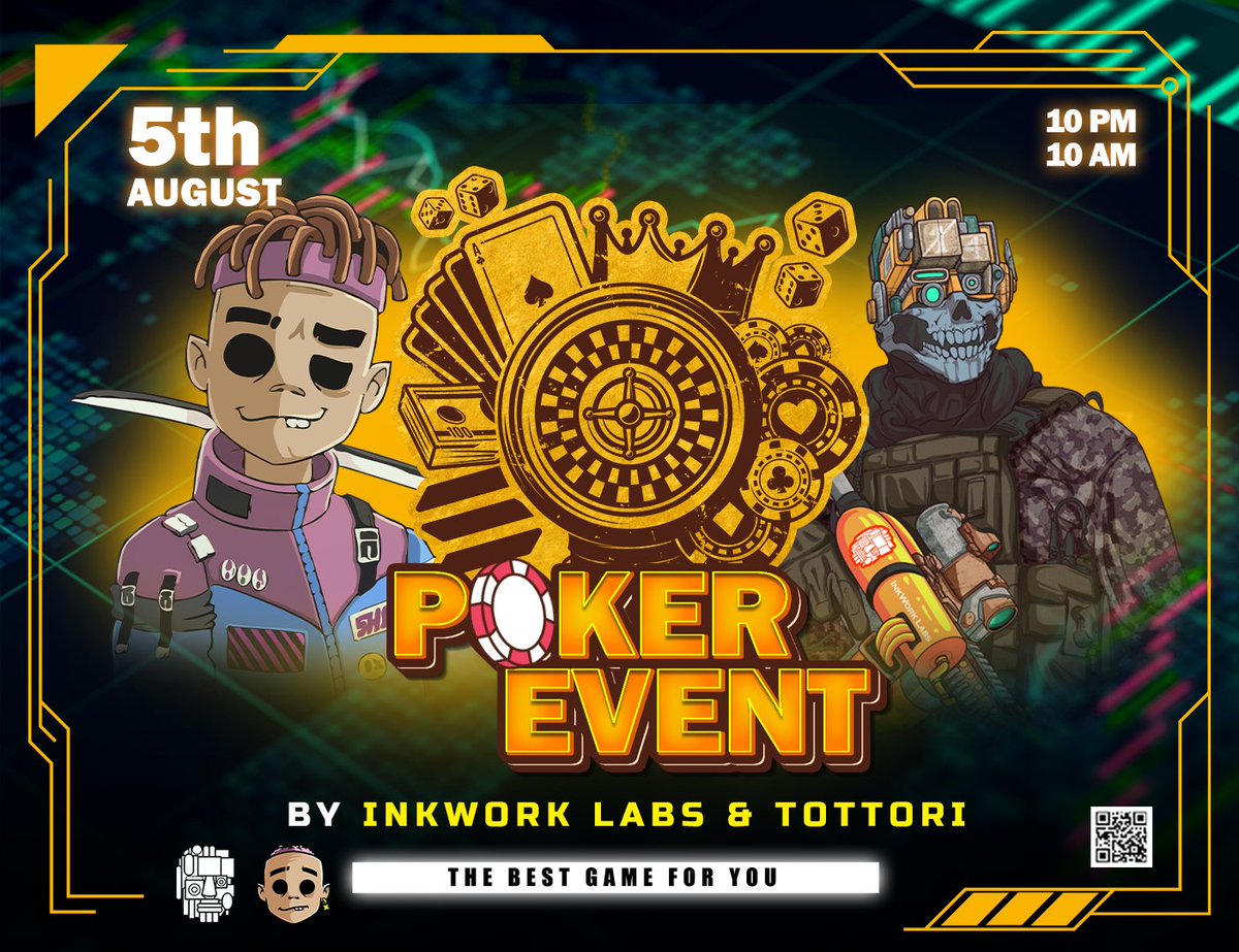 InkworkLabs's tweet photo. @InkworkLabs x @TottoriLabs Poker event this week 🎱🃏

Lots of prizes to be won which include our Vision Pass NFT, Inker OG spots and WL spots and also Tottori WL and Noir Ante WL spots
Don't miss out on this cos it's gonna be the Bomb🔥 https://t.co/mgyJCVniQj