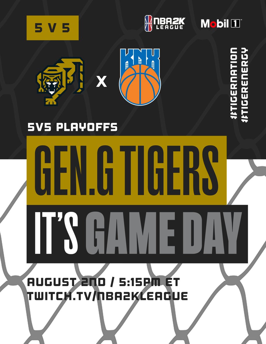 gengtigers2k's tweet photo. [#NBA2KL5V5 PLAYOFFS]

🆚 @KnicksGaming 
⏰ 5:15PM ET
📺 https://t.co/fWDZrOEDTS

#TigerEnergy #LetsGo2KL @NBA2KLeague https://t.co/ZCGShwP8LO