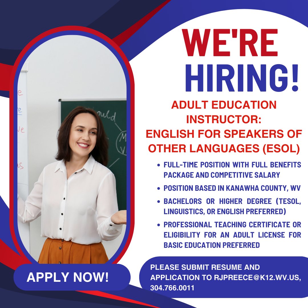 Attention Charleston Area Teachers! Great new position for an adult education instructor specializing in English for Speakers of Other Languages (ESOL). Full-time position offers a competitive salary and benefits package. Apply Now! mountainstateesc.com/ae-instructor-… #adulted #esol