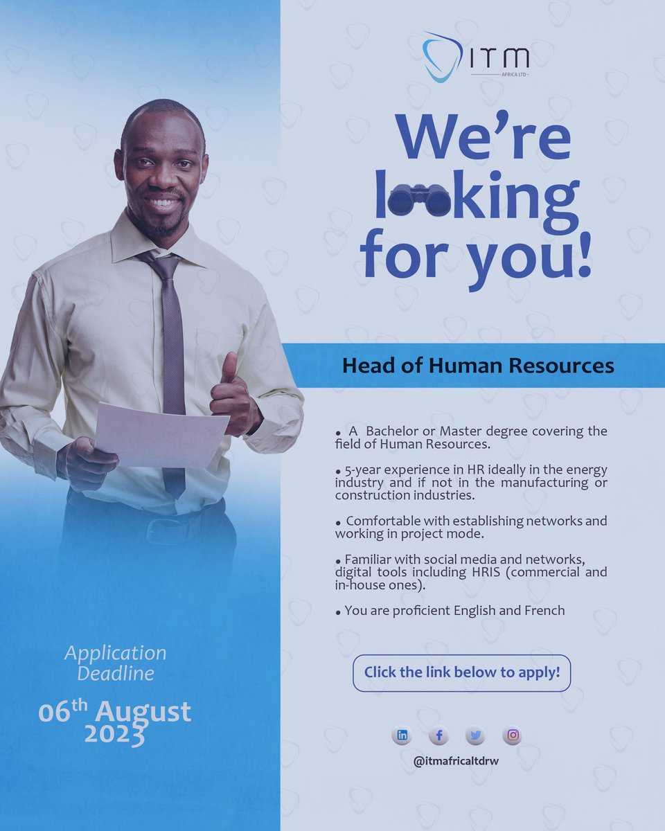 🆕JOB OPPORTUNITY
WE ARE LOOKING FOR:

Position: HR Manager 

Industry: ENERGY 

APPLY HERE:

docs.google.com/forms/d/1957i2…

#WeAreITM #Recruitment #HR #Job #jobinrwanda #jobsforyou #itmrecruits #jobsforyou #RwOT
