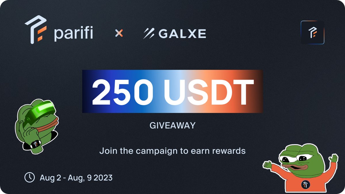 Exciting #Giveaway Alert ✨

Join our thrilling Twitter competition at @parifinance, hosted on <a href="/Galxe/">Galxe</a>, &amp; stand to win from a 250 USDT prize pool! 🎉

1⃣Follow us 
2⃣Like, RT/QT our Tweet  

5 winners will win $50 each!💰

Campaign details are available here 👇