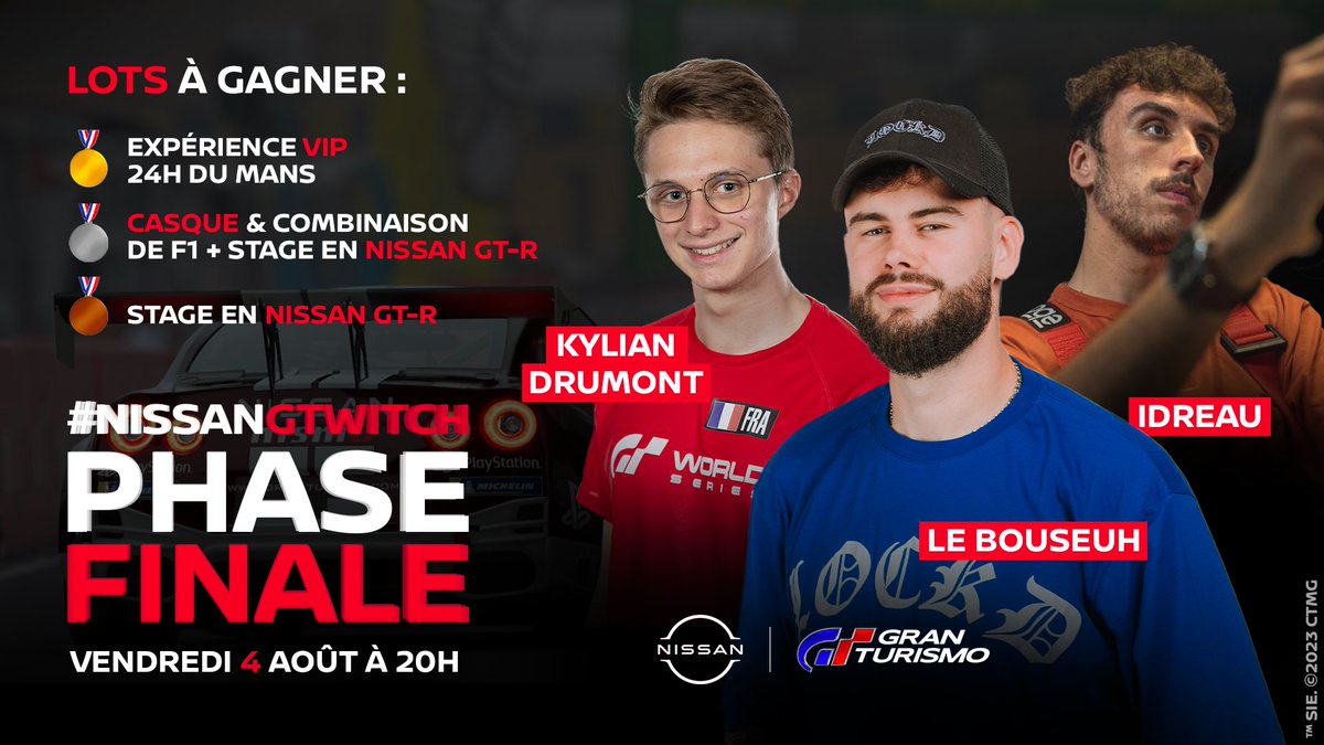 Ce vendredi c’est la phase finale de la GTwitch Academy avec <a href="/nissanfrance/">Nissan France</a> ! 🏁
Avec <a href="/KylianDrumont/">Kylian_19</a> &amp; <a href="/idreau_/">Sebastian Vettel Jr</a> on va affronter les qualifiés sur le #NissanGTwitch, j'espère que vous êtes prêts 🔥 
On a aussi de nombreux cadeaux à faire gagner dans le chat ! 
publicité