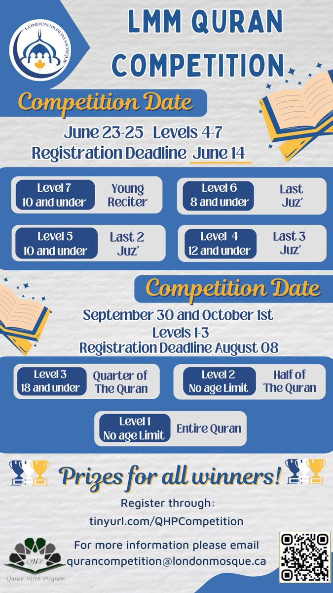 Please notice the updated dates of the LMM Quran competition. It will be on Saturday, September 30 and Sunday, October 01. Also, we extended the registration deadline till August 08. May Allah bless you all.