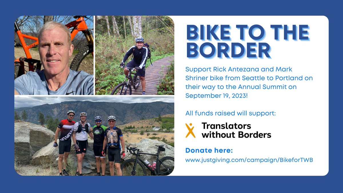 ALC_US's tweet photo. Two industry peers, Rick Antezana and Mark Shriner, are biking from Seattle to Portland to attend the #ALCSummit! How amazing! You can help support them by donating to Translators Without Borders. All the details can be found here: https://t.co/v8N8sxh4T8. https://t.co/vDAZAQ39He