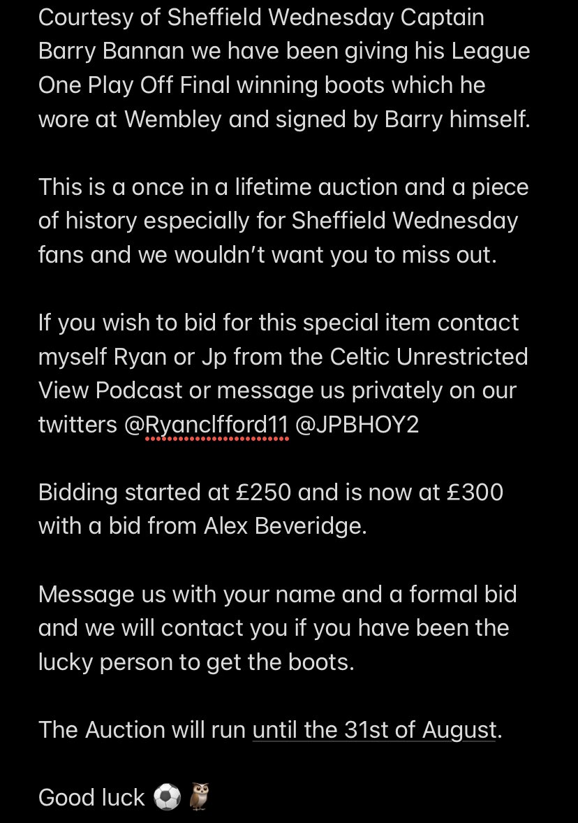 Ryanclifford11's tweet photo. Courtesy of Sheffield Wednesday Captain Barry Bannan we have been giving his League One Play Off Final winning boots which he wore at Wembley and signed by @bazzabannan25 to put up for auction.

Once in a life time item especially for Sheffield Wednesday fans.

Good luck 🦉⚽️ https://t.co/F1LeVvdS46