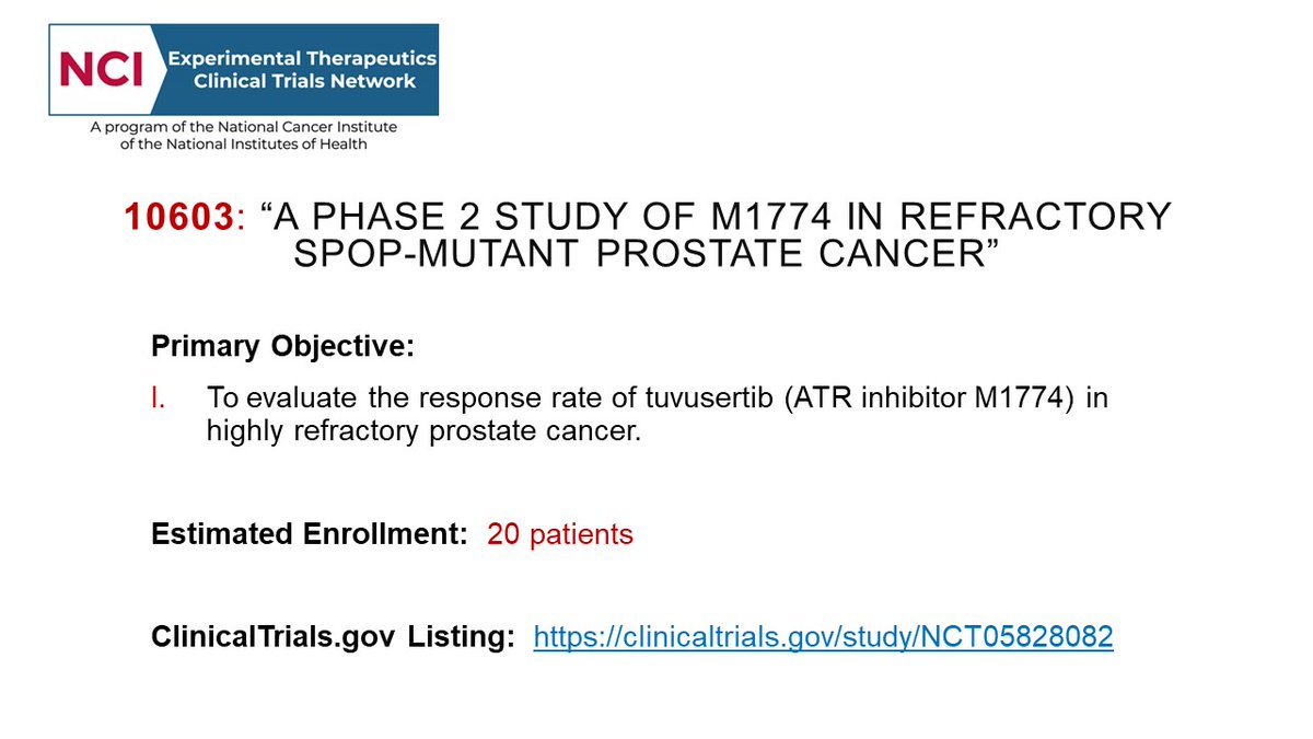 New #ETCTN #prostatecancer #clinicaltrial activation: (10603), “Testing the Effect of M1774 on Hard-to-Treat Refractory SPOP-mutant Prostate Cancer’, led by @JakeOrmeMDPhD of @MayoCancerCare. buff.ly/3rUxMxg #NCICTEP