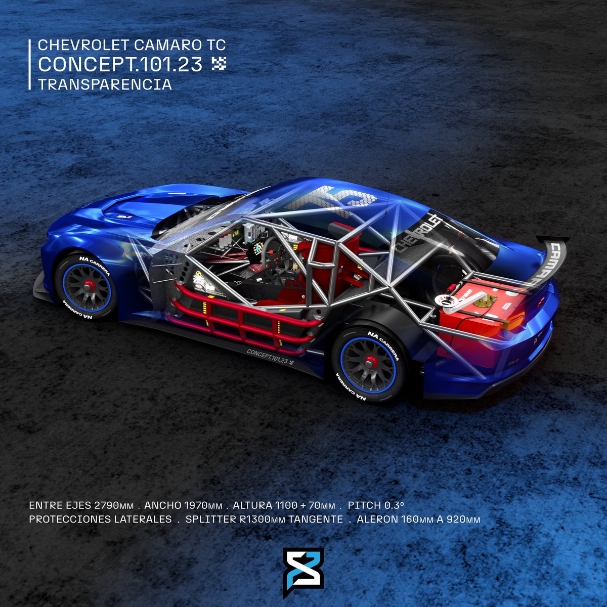 No, no es un NASCAR ni un GT3 ni un TC2000, el Camaro que mostramos ayer está montado 100% en una estructura actual de TC, sólo con las cunas laterales angostadas (hoy di meglio confirmó que las quitan y dejan sólo el Vroom).