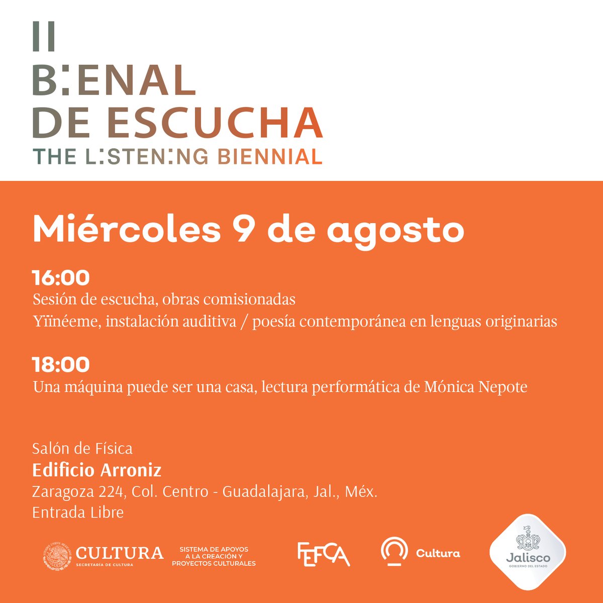 Este miércoles 9 de agosto a las 18:00 se presentará la lectura performática UNA MÁQUINA PUEDE SER UNA CASA de <a href="/neponita/">Mónica Nepote</a>, en la II Bienal de Escucha. Entre las 16:00 y las 18:00 podrán escuchar las obras comisionadas. Les esperamos en el Edificio Arroniz, sede de <a href="/CulturaJalisco/">Cultura Jalisco</a>.