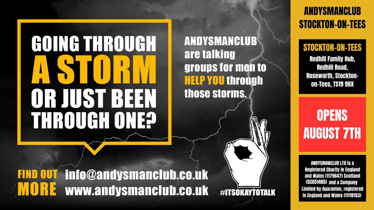 A new group to help men struggling with their mental health is opening on Monday. Andy's Man Club welcomes any man to come to their opening night on Aug 7 at Redhill Family Hub, TS19 9BX. It's completely free and will provide a confidential space for men to open up and talk.