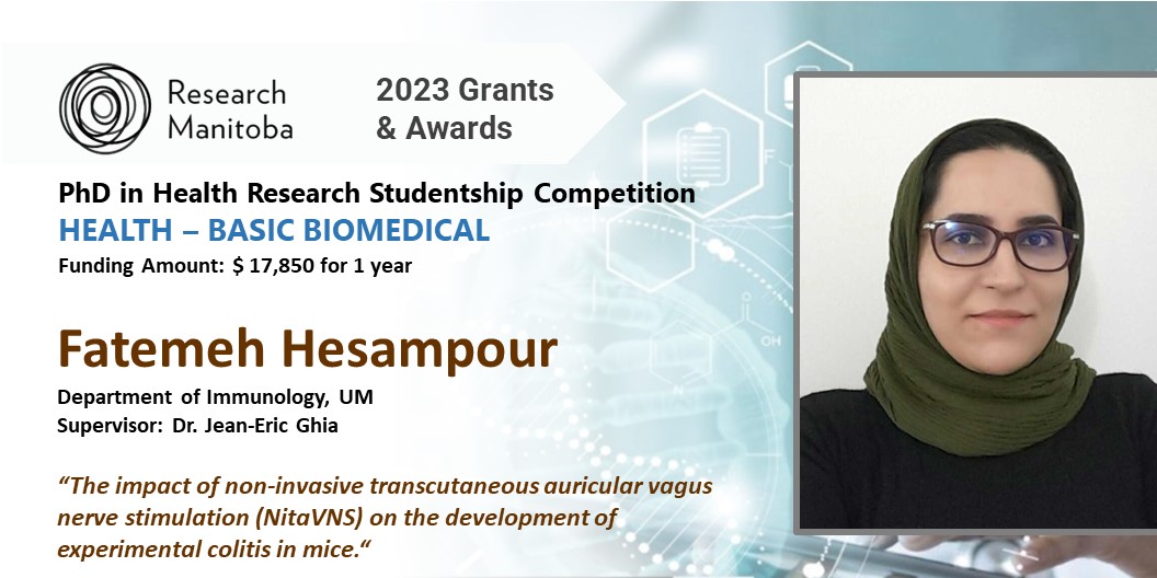 Dept of Immunology @ UofM (@um_immu) on Twitter photo Congratulations Fatemeh on receiving 2023 Research Manitoba PhD in Health Research Studentship Competition in HEALTH – BASIC BIOMEDICAL. Way to Go!
<a href="/um_research/">uManitoba Research</a> <a href="/UM_RadyFHS/">U of M Rady Faculty</a> <a href="/Research_MB/">Research Manitoba</a>
<a href="/UManitobaHSGSA/">HSGSA</a> #UMStudent <a href="/JEGhia/">Jean-Eric Ghia</a> Congratulations Fatemeh on receiving 2023 Research Manitoba PhD in Health Research Studentship Competition in HEALTH – BASIC BIOMEDICAL. Way to Go!
<a href="/um_research/">uManitoba Research</a> <a href="/UM_RadyFHS/">U of M Rady Faculty</a> <a href="/Research_MB/">Research Manitoba</a>
<a href="/UManitobaHSGSA/">HSGSA</a> #UMStudent <a href="/JEGhia/">Jean-Eric Ghia</a>