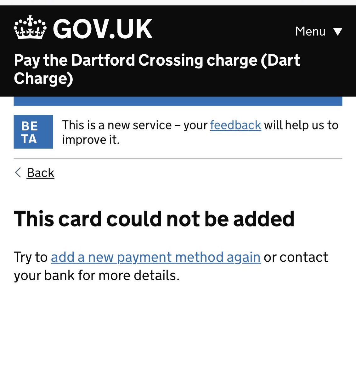 00_mandy_00's tweet photo. @DartCharge I have a balance sufficient to cover my crossings the weekend just gone. Tried 4 times to add a new card and keep getting this answer.
Are you going to send me a notice or will the amount be deducted from my balance? https://t.co/Frh440C6Ic