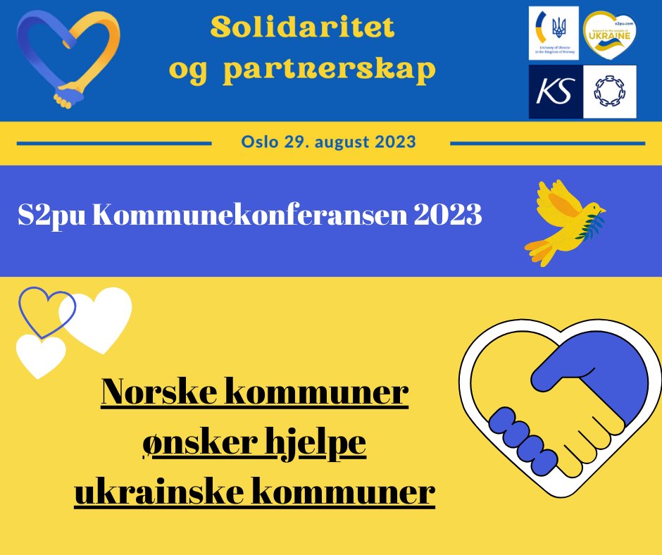 PerKaareHoldal's tweet image. #Solidaritet og Partnerskap også fra din kommune ? 
“Norske kommuner hjelper ukrainske kommuner”   #s2pU Kommunekonferansen arrangeres i Oslo 29.- 30. august.  Målgruppe er kommuner, fylker og næringsliv
Mer info: s2pu.com/index.php/en/n…