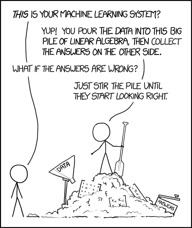 Still one of my favorite XKCD comics, perfectly describing #machinelearning methodology using #neuralnets. There is a better way. #GAIuS is an analytical AI/ML/R technology that conforms to #responsbleAI and #ExCITE requirements.

bit.ly/3OEPbTB