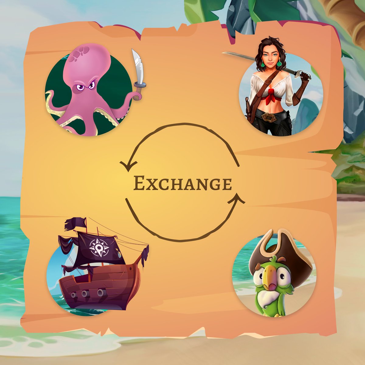 🔄Piratos has an exchange where you can rent and lease NFT-tokens 
(characters 👩🏻, pets 🦜, ship 🚢 or raid-bosses 🐙).

#NFTGaming #P2E #M2E #Tokenomics #NFT #exchange