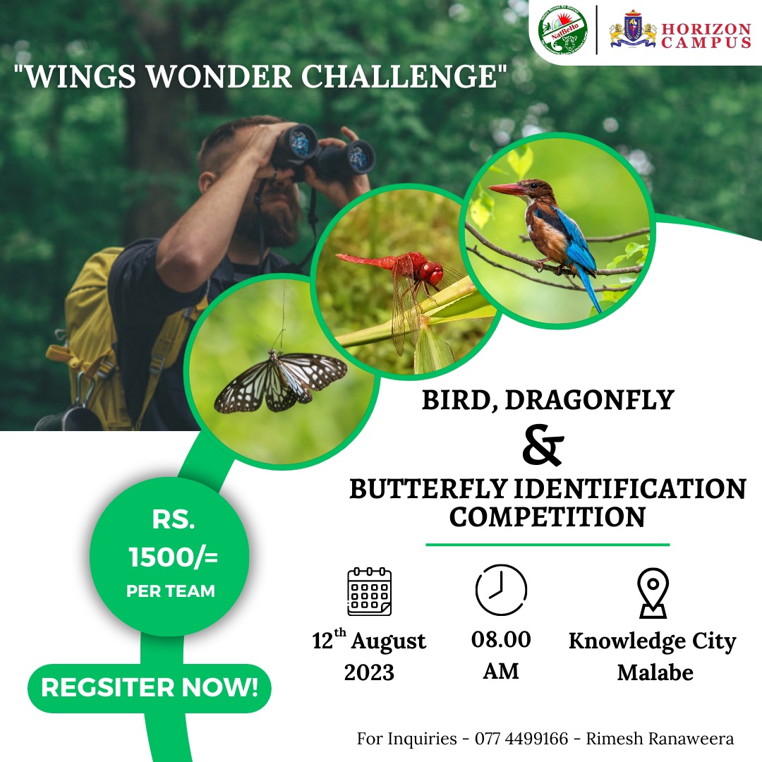 NatBeHo's tweet photo. 🦋🦜🐉 Join the Winged Wonder Challenge and Embrace Nature's Beauty. 🌿

🔍 Discover, Learn, and Compete - The Ultimate Birds, Dragonfly, and Butterfly Identification Competition! 🏆

📅 Date: 12th August 2023
⏰ Time: 08.00 am
📍 Venue: Knowledge City Malabe https://t.co/ov2kIK48m3