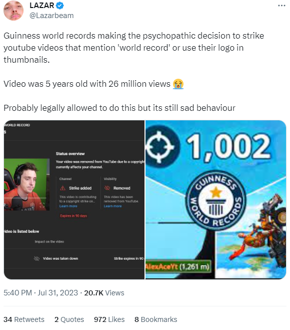 JakeSucky's tweet photo. The Guinness Book of World Records is continuing to copyright strike creator videos on YouTube from YEARS ago for use of their logo in thumbnails

Lazar, Preston, Ducky, all given strikes for content 3-5 years old. Be careful and delete your stuff these guys are deep diving https://t.co/ci23iWRRu4