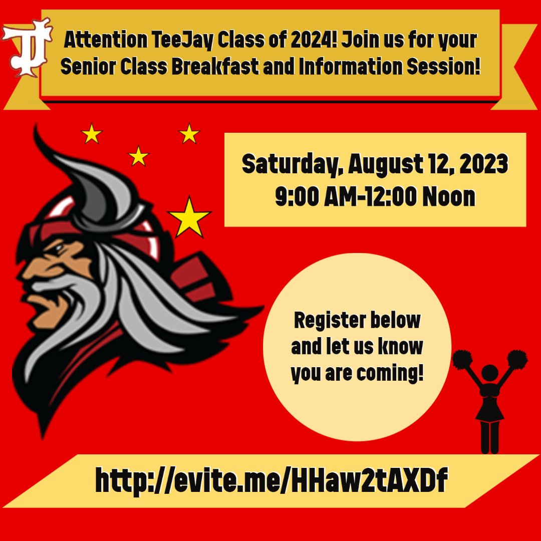 Greetings Tee Jay Vikings Class of 2024! Join us for our Senior class Breakfast and Information Session! Saturday August 12th from 9 am -12 noon Register at: evite.me/HHaw2tAXDf

#vikingupdate #WeAreRPS