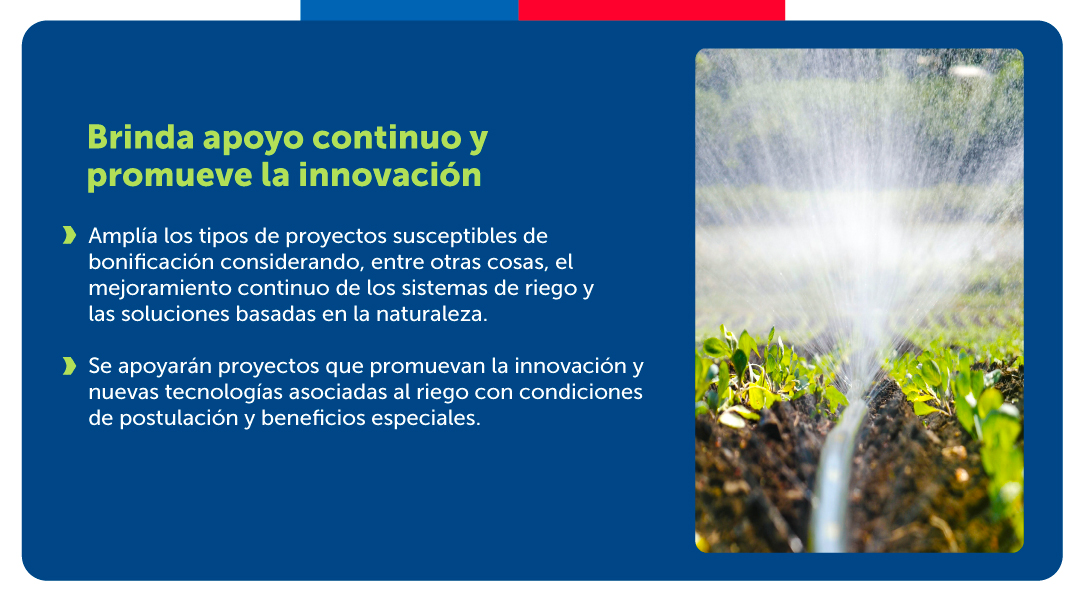¡Gran avance para la agricultura con la #NuevaLeyDeRiego!💧🌱

Nuestro país cuenta con una Ley de Riego que focaliza los esfuerzos de la <a href="/CNRCHILE/">Comisión Nacional de Riego Chile</a> en la pequeña y mediana agricultura, permitiendo un uso más eficiente del agua para el riego.
Conoce aquí los principales cambios👇