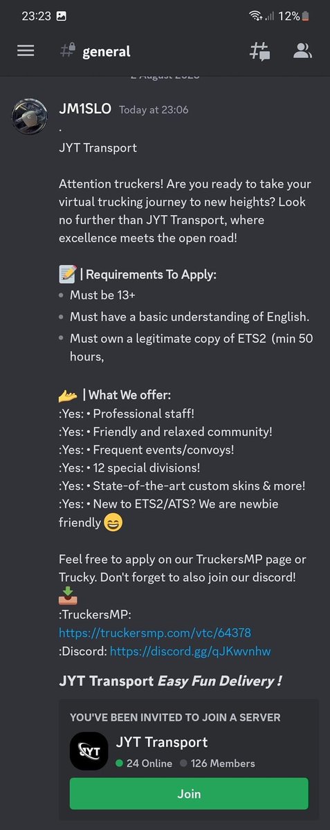 TDHCaveLogistic's tweet photo. Just a heads up for other VTC owners, we had this muppet join our Discord tonight, troll a few channels, post an ad for his own VTC then leave 

I'd like to think the majority of us would happily work together in a friendly manner, this chap seems to be the minority https://t.co/7JMZdFk82M