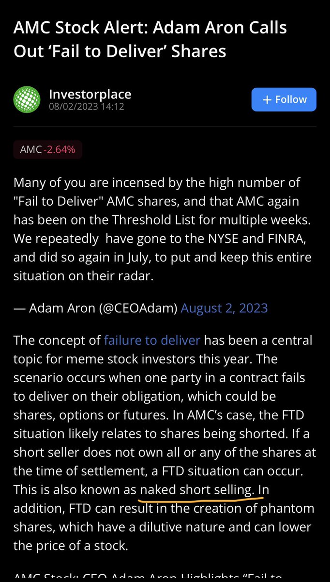 DLewTrades's tweet photo. LOL just some super casual naked short selling. No big deal. 

Totally a shit stock — that’s why they’ve been naked shorting it daily while covering on nearly every other heavily shorted stock in the market. Totally not a threat. (Sarcasm)

Sticking to my conviction on $AMC $APE https://t.co/C0Uvyz8DuO