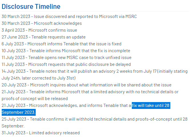 .<a href="/TenableSecurity/">Tenable</a> CEO posted about a vulnerability in Azure allowing for unauthenticated cross-tenant data disclosure. 

The timeline shared is frankly unacceptable, especially given that many organizations will only have 90 days of logs to investigate. 1/
linkedin.com/pulse/microsof…