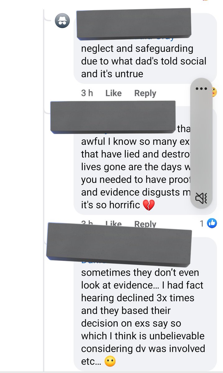 jadewelshy's tweet photo. I've removed All photos and blocked out names. You cant see the group either. 
But this is in fact regular with these groups. 
#FamilyLaw have no idea how many victims of #domesticabuse #DomesticViolence are speaking out. 
#FactFind is not being done in #FamilyCourt when it is its ignored. 
Exes and their repeated false allegations just believed no evidence. Nothing. 
It's a sad state and I don't see a way of fixing this. 
While the @CommissionerDA is speaking out and done a report it's not going to happen. The harm report did exactly the same. 
Things have got worse. 
Judgements themselves are criminal. 
Cases mismanaged and not applying the law at all seems to he the norm.
Every judge, solicitor and barrister who Is allowing this should be immediately reported. 
Solicitors and barristers should be reporting judges and having them struck off. 
High court judges and their judgements are just as bad.