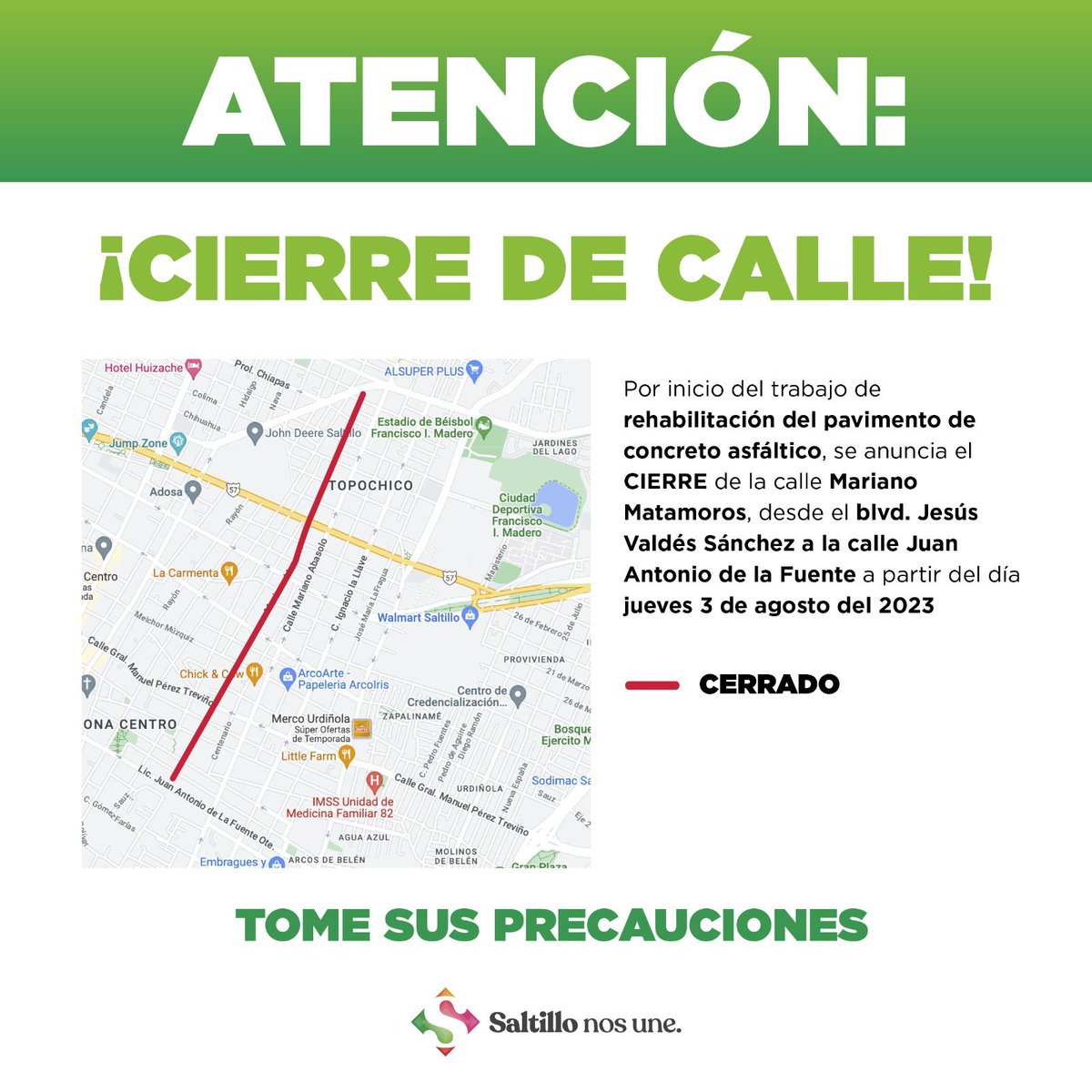 SaltilloGob's tweet photo. 👷⚠️ ATENCIÓN ⚠️👷 
El Gobierno Municipal de Saltillo informa que a partir de mañana jueves 03 de agosto, anunciamos el cierre de la calle Mariano Matamoros, desde el blvd. Jesús Valdés Sánchez a la calle Juan Antonio de la Fuente, por el inicio de los trabajos de rehabilitación https://t.co/Wi0l9wKZFn