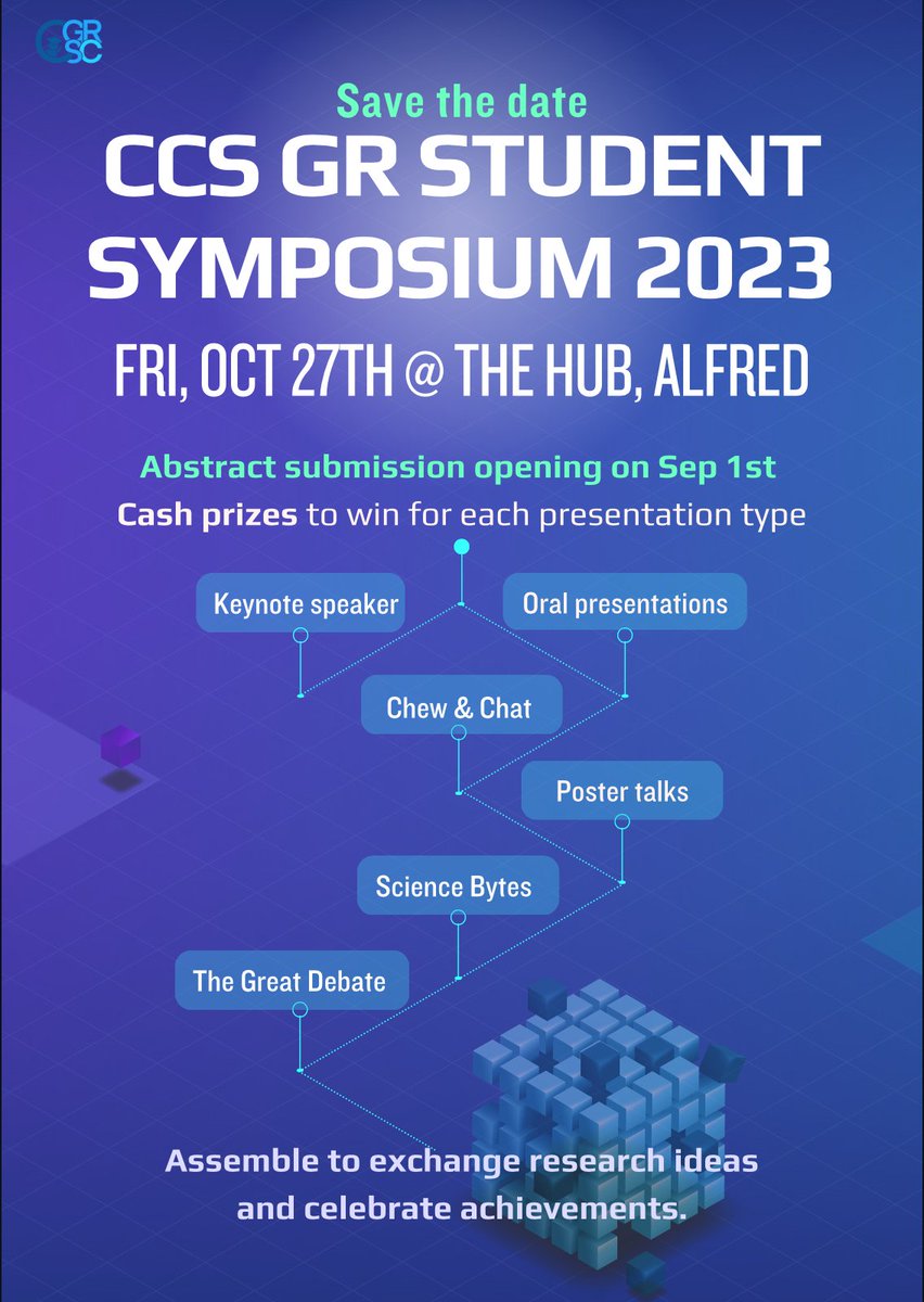 We are thrilled to announce the Annual CCS Graduate Research Student Symposium taking place on Fri, Oct 27th, at the Hub, Alfred! Get excited for the new poster sessions and the return of the Great Debate. Lock in the date and get ready for registration opening on Sep 1st.